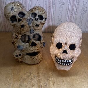 BOTH VTG Ceramic 3 Skull 8 1/2 and Glitter Popcorn Plastic Skull 6 1/2